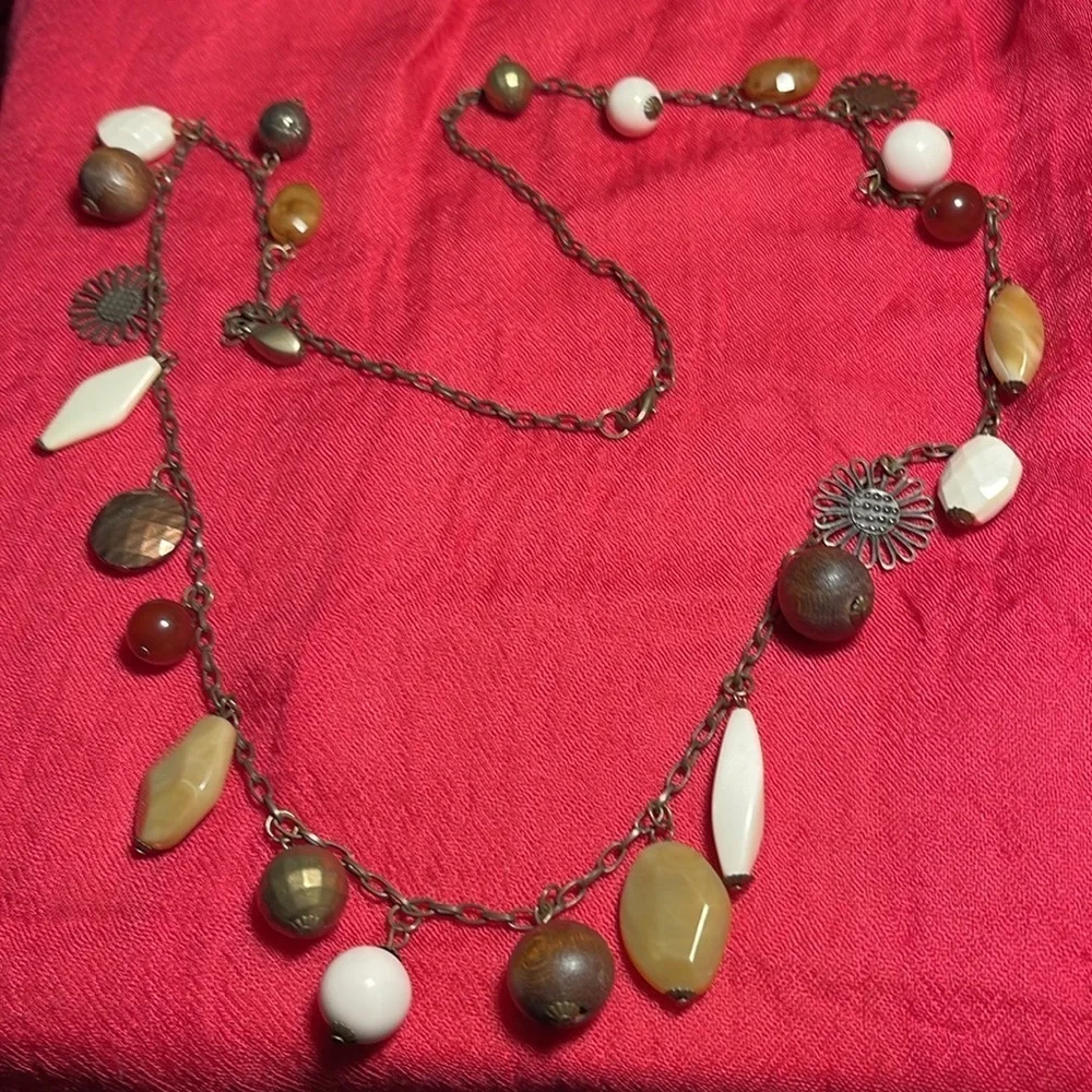 36” Necklace with Dark Gold Tones, browns, beiges and white.